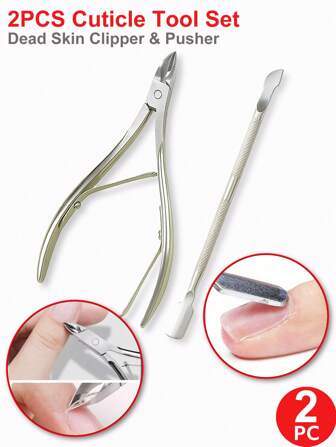 2pcs/Set Stainless Steel Dead Skin Cuticle Clippers And Pusher Nail Art Tool Set