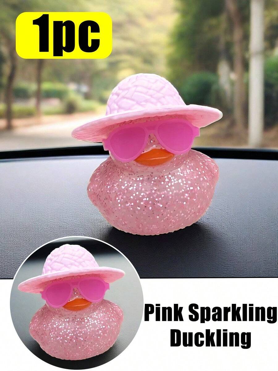 1个可爱粉色闪亮小鸭，戴着帽子和太阳镜，时尚的汽车仪表盘装饰 | 粉色汽车配件，女士汽车装饰，可爱汽车配件，汽车装饰品，闪亮装饰，时尚汽车摆件，可爱仪表盘装饰 - 粉色 - 查看 1