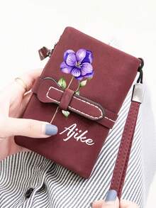 个性化女士真皮钱包，饰有生日花朵图案，配有可刻名字的腕带，女士迷你三折拉链钱包，带腕带，礼品钱包，迷你钱包