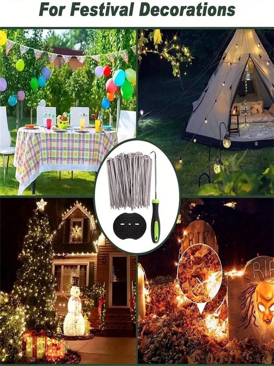 花园桩套装 - 带塑料固定环和安装钩工具的 U 型桩，适用于隔离布、草皮桩、地被植物、栅栏锚固、人造草坪 - 户外园艺用品 - 彩色 - 查看 1