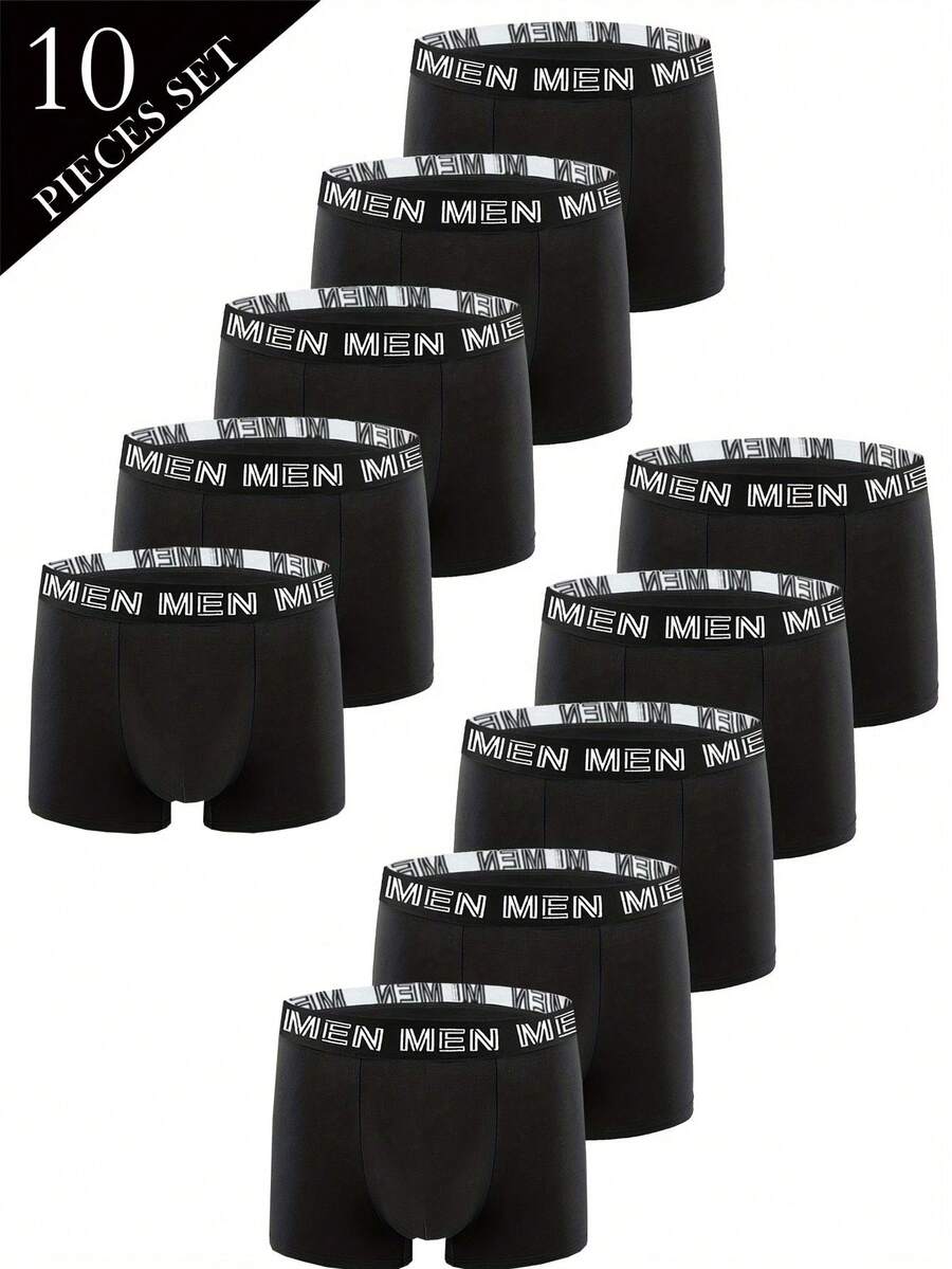 10 条装纯色字母腰带男士平角内裤，男士字母腰带拳击短裤内裤，多色套装宽松大码舒适拳击短裤，适合日常休闲，男士耐用拳击方形短裤，男士开学内裤，送给他的礼物