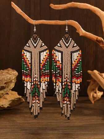 Pendientes hechos a mano con cuentas, pendientes de estilo bohemio, pendientes colgantes con borlas trenzadas de cruz gris vintage, accesorios de moda para mujeres, apropiados para uso diario, vacaciones, fiestas, regalo festivo