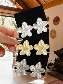 6 件镀金、镀银、镀枪黑色圆形耳钉，时尚珠宝礼物，适合女性日常、聚会和旅行 - 花朵三對 - 查看 35