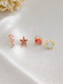 Set da 4 orecchini in stile marino con stelle marine e tartarughe, gioielli esquisiti e carini con cristalli di zirconia ipoallergenici, per decorazione quotidiana e regalo per le donne