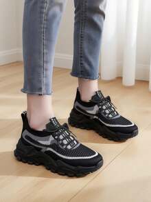 Zapatos atléticos para Caminar para Mujer, Zapatos atléticos para Caminar para Mujer,,Zapatillas De Malla Transpirables,Mocasines Planos Negros Tejidos Y Transpirables Para Mujer, Zapatillas Para Caminar De Mujer, s, Para Ejercicio En El Gimnasio Y FitnessZapatillas De Deporte Beige Para Mujer, Cómodas Zapatillas Gruesas De Suela Gruesa,  zapatillas bajas de malla ligeras para correr,Zapatillas Para Correr Deportivas, Casuales, Con Cordones, Ligera - Negro - Ver 4