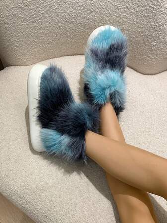 Women Blue Ombre Fluffy Short Boots, Featuring Plush Colorblock Upper, Thick Platform Sole, Comfortable & Fashionable For Casual Daily Wear, Street Style, Indoor Leisure
