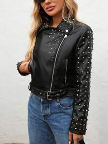 Women's Faux Leather Studded Jacket Moto Biker Short Rhinestones PU Long Sleeve Punk Fashion Coat