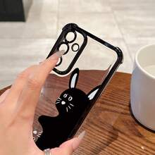 Funda de Teléfono Personalizada de Alta Gama con Patrón de Arte de Gato Negro, Adecuada para 25, S24, S23, S22 FE, Note20 Ultra Plus 4G/5G, con Marco Negro, Cubierta Trasera Transparente a Prueba de Golpes, Estilo de Lujo Empresarial - Colores mixtos - Ver 4