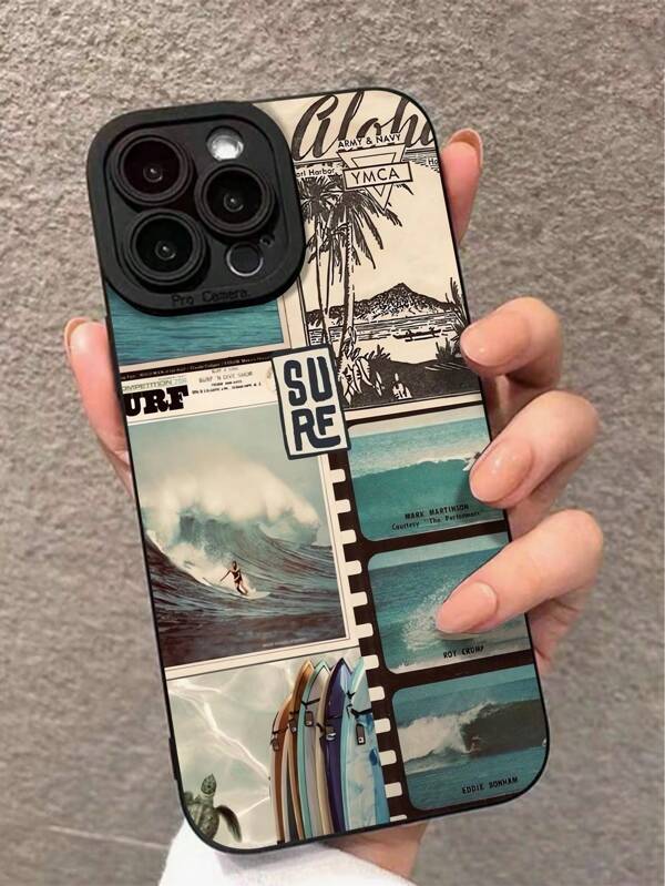 1pc Fashionable Ocean Surfing Poster Photography Graphic Black Full Protective Phone Case Compatible With Apple 13, 11, 14 Pro Max, 13 Pro, 15/15 Plus/15 Pro/15 Pro Max/12/12 Pro/12 Pro Max/14/14 Pro/13 Pro Max And Other Models Waterproof Shockproof Anti-Fall Scratch Resistant
