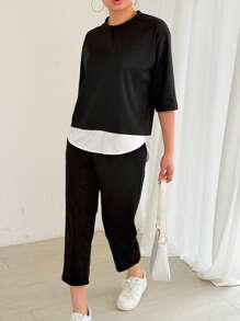 Conjunto de pijama de manga larga de unicolor y ajuste ceñido para mujer, ropa de otoño