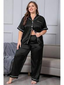 Vozanet Women's Plus Size Button Down Pajama Sets Satin Silky Short Sleeve Top & Pants Sleepwear Loungewear Nighty XL To 5XL - 白色 - 查看 9