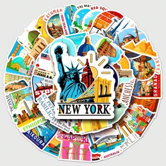 50pcs/Set World City Landmark Graffiti Stickers, Decorative For Scrapbooking, Notebooks, Phones, Waterproof For Stationery, Luggage, Notebooks, Cups And More,School Supplies,Back To School