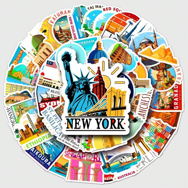 Conjunto de 50 adesivos de grafite com marcos de cidades do mundo, decorativos para scrapbooking, cadernos, celulares, à prova d'água para papelaria, malas, cadernos, copos e muito mais, material escolar, volta às aulas