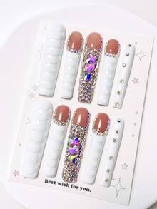 nailrosy 10Pcs Handmade Press On Nails Kit Extra Long Square White Line Art Bling Glitter Glistening Iridescent Luxurious Rhinestone Decor Christmas Wedding Birthday Party Acrylic Nail Supplies Press On Acrylic Nail Tips - White - View 4