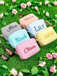 1pc Personalized Large Embroidered Name Letter Makeup Bag, Beach Vacation Storage Pouch, Tulle Cosmetic Organizer Bag, Large Capacity Clutch, Bridesmaid Gift, Toiletry Bag, Embroidered Name Outdoor Pouch - Multicolor - View 5