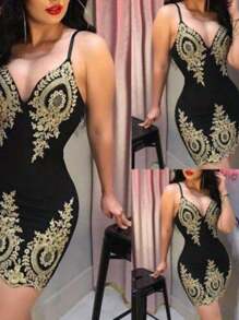 Womens Sexy V Neck Bodycon Dress, Empire Waist Print Sleeveless Clubwear Party Cocktail Evening Mini Dress