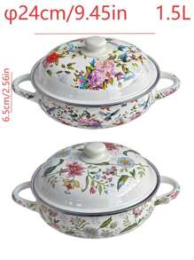 1set φ24cm/9.45in Multifunctional Extra-Thick Enamel Baking Pan, Double Handles And Enamel Lid - Perfect For Outdoor Gatherings, Stews, Soup Pots And Serving Dishes. Suitable For Food, Snacks, Fruits, Sushi, Pizza, Desserts