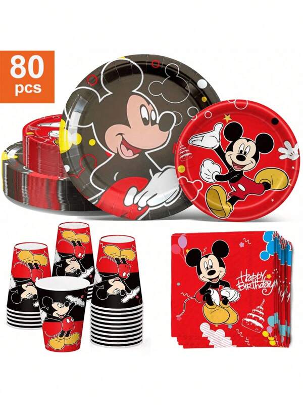Disney Disney Mickey 80-Piece Party Tableware Set - 20 Dinner Plates, 20 Dessert Plates, 20 Cups & 20 Napkins | Classic Mickey Mouse Theme Disposable Tableware For Camping, Picnics, BBQ, Weddings & Birthdays