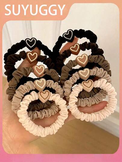 5/10个装新款咖啡色爱心吊坠发圈，女孩可爱蝴蝶结发圈，弹性橡皮筋发带，女士发饰，送礼佳品，家居浴室装饰，秋季装饰，返校季发饰