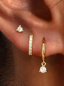 3pcs Fashionable Minimalist Cubic Zirconia Huggie Hoop Earrings Set, High Quality Brass Huggie Hoops, Elegant And Simplistic Women's Hoops, Suitable For Vacation, Daily Wear, Birthday Gifts And More