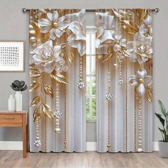 Set Of 2 White And Golden Floral Design Curtains, Suitable For Bedroom, Office, Kitchen, Living Room, And Study, Featuring Rod Pocket Style For Home And Room Decoration.