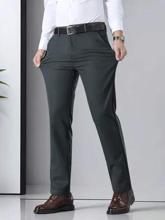 1 st. klassiska herrbyxor, enfärgade stretchiga kostymbyxor, raka byxor i vardagsstil