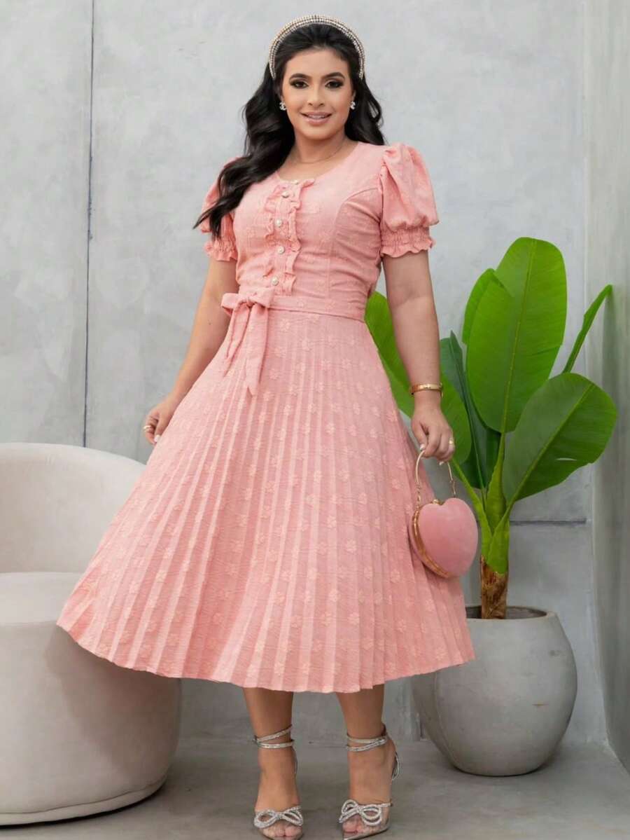 Pleated Midi Dress With Round Godet Neckline - 羅莎 - 查看 1