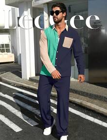 Mens 2 Piece Color Block Outfits Casual Long Sleeve Color Block Shirts And Pants Matching Set Sweatsuit-2025 - Navy Blue - View 2