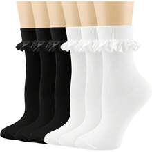 BIVOLU Womens Crew Socks Lace Ruffle Frilly Cotton Cute Princess Ankle Dress Socks Girl 6 Pack