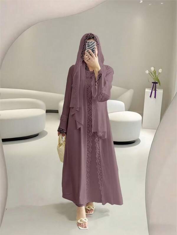 4-Piece Set: Ruffled Abaya Dress With Sleeveless Slip Dress, Headscarf, And Belt