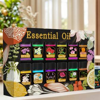 1 套 12 个迷你 3ml（0.101 液量盎司）芳香精油瓶，瓶子尺寸 15mm/0.59 英寸 * 28mm/1.1 英寸，香味包括玫瑰、薰衣草、樱花、茉莉、草莓、海洋、茉莉、古龙水、香草，非常适合生日、圣诞节、情人节、新年礼物