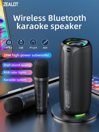  ZEALOT MP2 20W 卡拉OK无线音箱，蓝牙音箱，3600mAh 超长电池，播放时间长达 8 小时，RGB 彩灯，支持手机/平板电脑/电视。兼容 SD 卡/USB/AUX 接口，具备串行配对功能，适用于车载/户外/露营/派对。