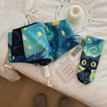 1pc New Cute Van Gogh Cat Folding Umbrella, Dual-Use Sunshade & Rainproof Umbrella, Automatic, UV Protection, Fashionable Black Cat Pattern, Thick Anti-UV Foldable Travel Umbrella For Men & Women, Students