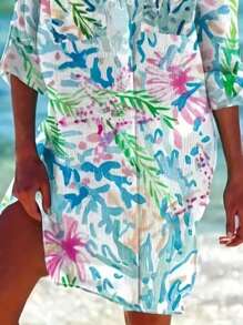 Women's Single-Breasted Tropical Floral Beach Cover-Up