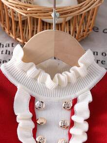 1 chiếc váy len cổ tròn ren hoa dễ thương ngọt ngào cho bé gái mới biết đi, váy len viền bèo nhún màu sắc phía trước cho bé gái, mùa thu/đông - Đỏ - Xem 2