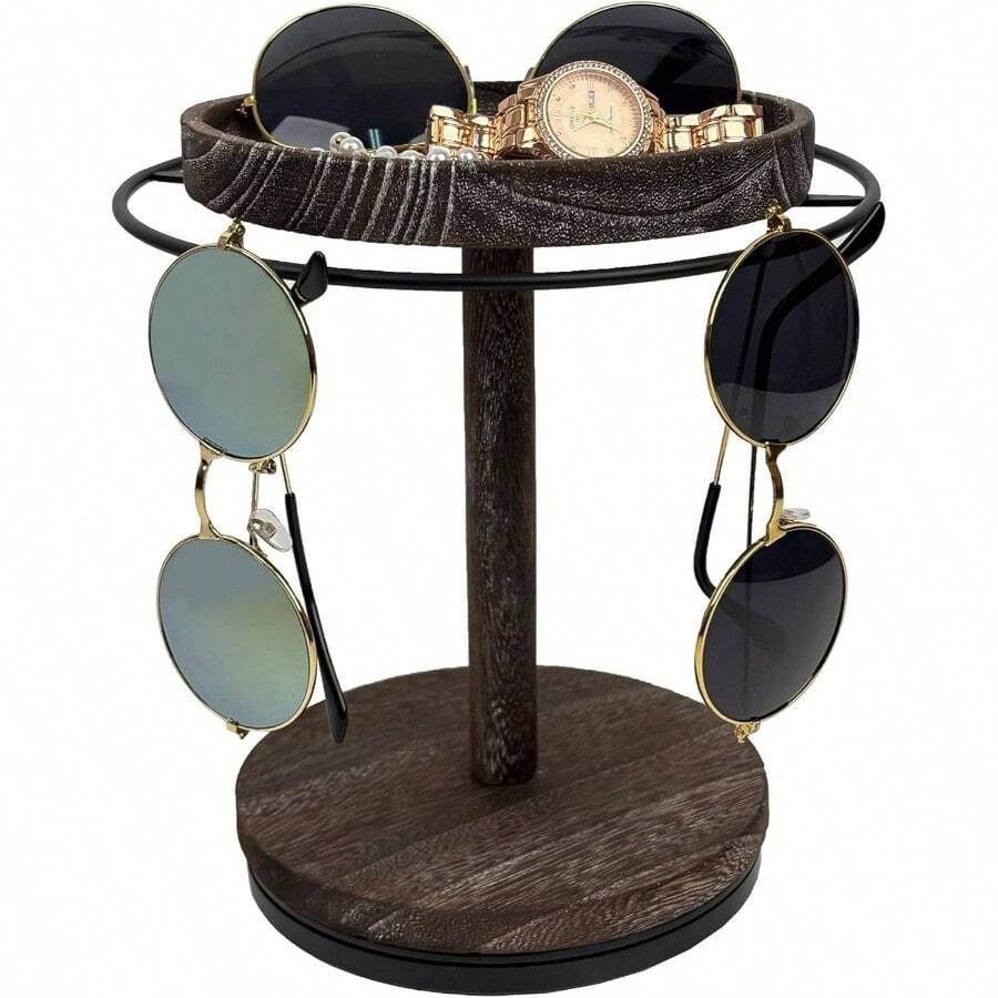 LingLingo Sunglasses Organizer 360 Rotating Eyeglass Holder Stand With Wood Tray And Base, Eye Glass Display Rack For Multiple Sunglass Storage For Table Dresser Nightstand Desk - Retro Coffee - View 1