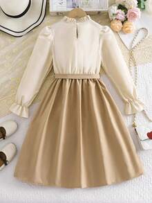 女童优雅 3D 花卉串珠设计荷叶边领长袖连衣裙，撞色荷叶边下摆和装饰腰带，适合春秋季节 - 卡其色 - 查看 2