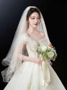1pc Beige Double-Layer Short Bridal Veil With Comb