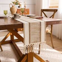 Camino de mesa a rayas estilo nórdico-bohemio: tejido a mano con flecos para mesas de comedor, mesas de centro redondas y decoración rústica del hogar, perfecto para recepciones de bodas, fiestas al aire decoración del Día de San Valentín, diseño rectangular para decoración del hogar y restaurantes, centro de mesa para comedor, accesorio decorativo para comedor, artículo de decoración rústica, tejido intrincado, tela duradera