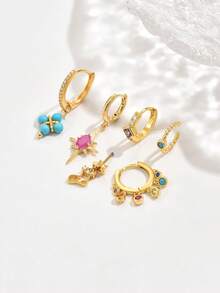 1 conjunto de 6 brincos elegantes de cristal de dopamina coloridos, adequados para uso diário, festa, festival, encontro ou casamento - Ouro amarelo - Ver 2