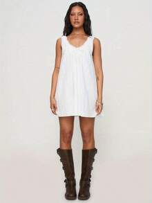 Lace  Bow Detail Dress - Women's Sweet Layered Design Sundress, Loose Fit Babydoll Style For Spring/Summer - White - View 1
