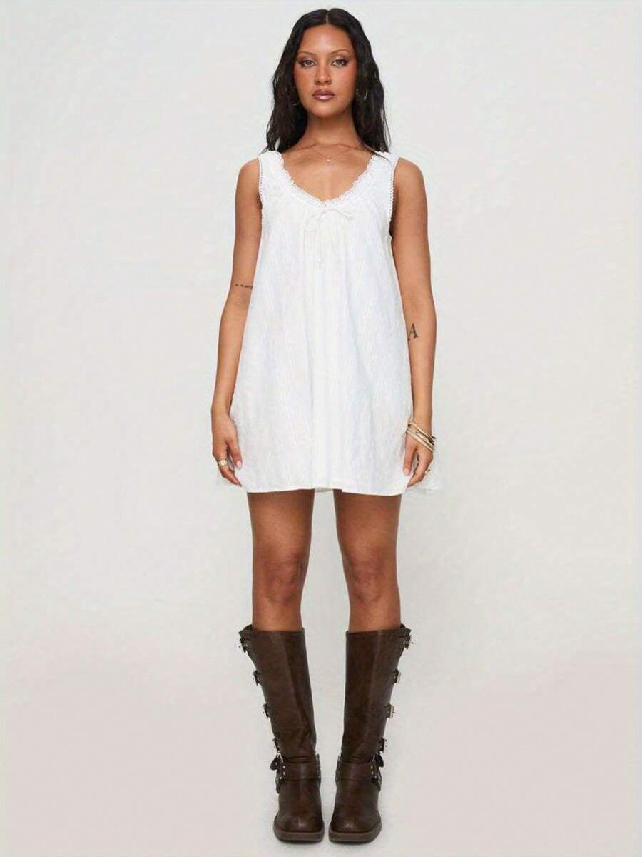 Lace  Bow Detail Dress - Women's Sweet Layered Design Sundress, Loose Fit Babydoll Style For Spring/Summer - White - View 1