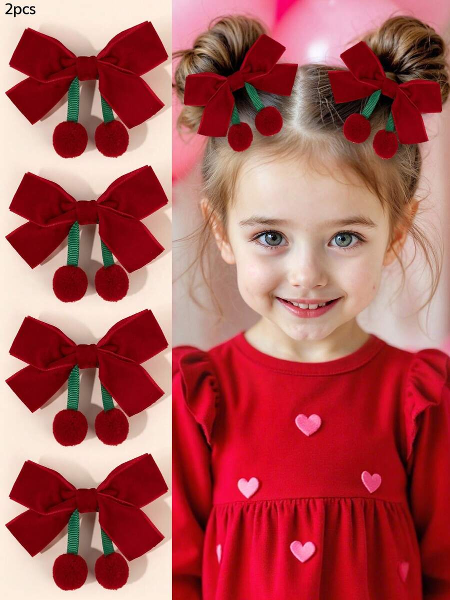 2 Stücke Weihnachts-Rot Schleifen Haarclips für Mädchen, Samt Haarball Kirsche Haarschleifen für Kinder, süße Haaraccessoires für Kleinkind als Herbst-Winter Geschenke