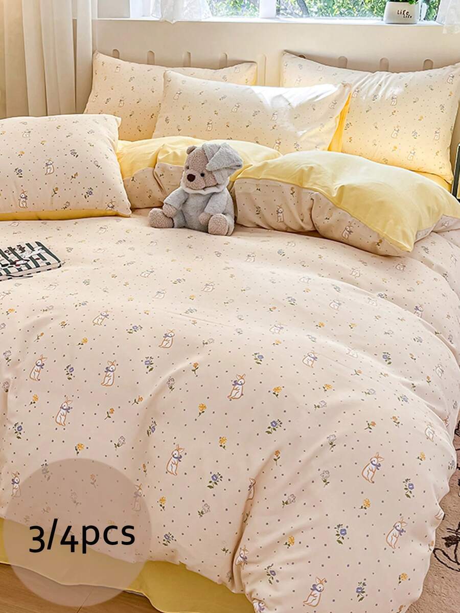3/4pcs Bedding Set, Cartoon Rabbit Pattern Duvet Cover, Yellow Daisy Double-Sided Print Duvet Cover Set, Skin-Friendly & Breathable, Zipper Closure, Soft & Cozy Bedroom Bedding Set, Cute & Fresh Style With Black Polka Dot Print Pattern, Suitable For All Seasons (Includes 1 Duvet Cover, 1 Bed Sheet, 1 Or 2 Pillowcases, No Filler) - Rabbit Dream Blossom - View 1