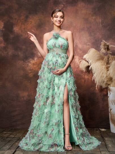 Faeriesty Dressalisa 孕妇露背无袖长款晚礼服印花薄纱连衣裙，3D 花卉贴花，高开衩，适合春夏派对、孕妇写真、婚礼及正式活动