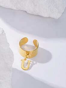 2025 最新时尚 26 个字母 A-Z 吊坠开口戒指，18K 镀金不锈钢可调节珠宝拇指环，男女皆宜，日常佩戴 - 金色 - 查看 30