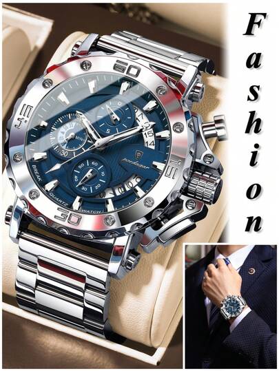 1 pezzo Orologio da polso al quarzo cronografo di lusso da uomo in acciaio inossidabile con sottocadran per microsecondi, orologio sportivo da uomo resistente all acqua con data, adatto per uso quotidiano