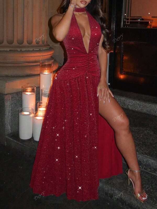 Women's Sexy Deep V-Neck Spaghetti Strap Metallic Ruched Waist Slit Maxi Party Dress
