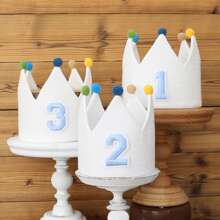 Handmade 1st Birthday Party Decorative Hats, Cute Birthday Crown Party Pom Pom Hats In Pink, Blue, White, Green, Macaron, Orange, Handmade