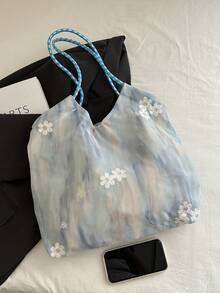 女士大容量通勤包，2025水彩画和云朵印花托特包，优雅斜挎单肩包 - 藍色 - 查看 4